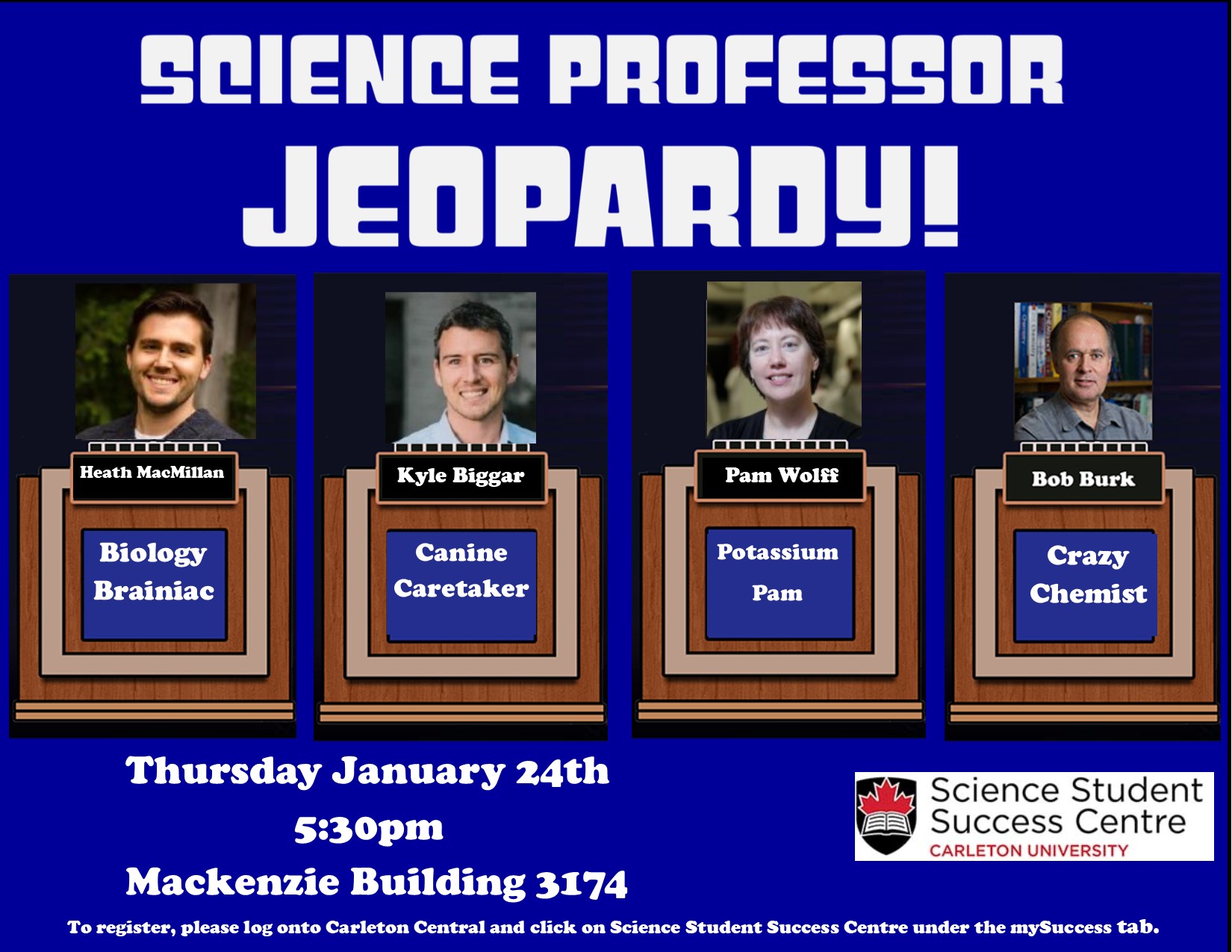 Poster for Science Jeopardy, featuring Heath McMillan, Kyle Biggar, Pam Wolff and Bob Burk