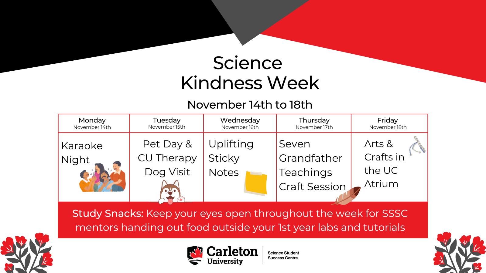 Poster for Science Kindness Week. The poster text reads “Science Kindness Week, November 14th to 18th. Monday, November 14th, Karaoke Night. Tuesday, November 15th, Pet Day & CU Therapy Dog Visit. Wednesday, November 16th, Uplifting Sticky Notes. Thursday, November 17th, Seven Grandfather Teachings Craft Session. Friday, November 18th, Arts & Crafts in the UC Atrium. Study Snacks: Keep your eyes open throughout the week for SSSC mentors handing out food outside your 1st year labs and tutorials. Carleton University, Science Student Success Centre. 
