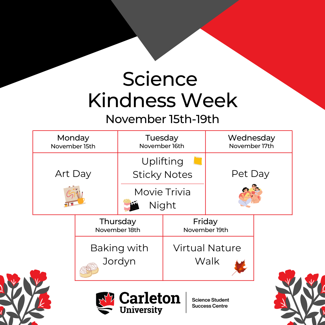 Poster for Science Kindness Week, outlining each day. Text reads "Science Kindness Week. November 15th- 19th. Monday, November 15th, Art Day. Tuesday, November 16th, Uplifting Sticky Notes, Movie Trivia Night. Wednesday, November 17th, Pet Day. Thursday, November 18th, Baking with Jordyn. Friday, November 19th, Virtual Nature Walk. Carleton University, Science Student Success Center.” 