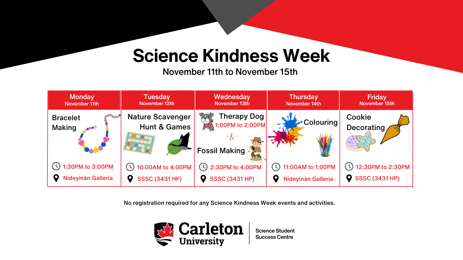 Poster for Science Kindness Week showing a five-day Monday to Friday calendar, information for each daily event provided. Text reads: Science Kindness Week, November 11th to November 15th. Monday, November 11th: Bracelet Making, 1:30PM to 3:00PM, Nideyinàn Galleria. Tuesday, November 12th, 10:00AM to 4:00PM, SSSC (3431 HP). Wednesday, November 13th: Therapy Dog, 1:00PM to 2:00PM -&- Fossil Making, 2:30PM to 4:00PM, SSSC (3431 HP). Thursday, November 14th: Colouring, 11:00AM to 1:00PM, Nideyinàn Galleria. Friday, November 15th: Cookie Decorating, 12:30PM to 2:30PM, SSSC (3431 HP). No registration required for any Science Kindness Week events and activities. Carleton University | Science Student Success Centre.