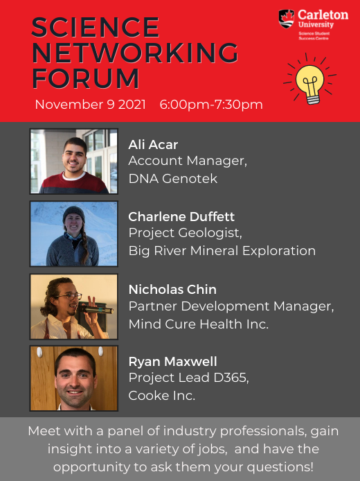 Poster for Science Networking Forum. Text Reads: Science Networking forum, November 9 2021, 6:00pm-7:30pm. Ali Acar, Account Manager, DNA Genotek. Charlene Duffett,  Project Geologist, Big River Mineral Exploration. Nicholas Chin, Partner Development Manager, Mind Cure Health Inc. Ryan Maxwell, Project Lead D365, Cooke Inc. Meet with a panel of industry professionals, gain insight into a variety of jobs, and have the opportunity to ask them your questions!