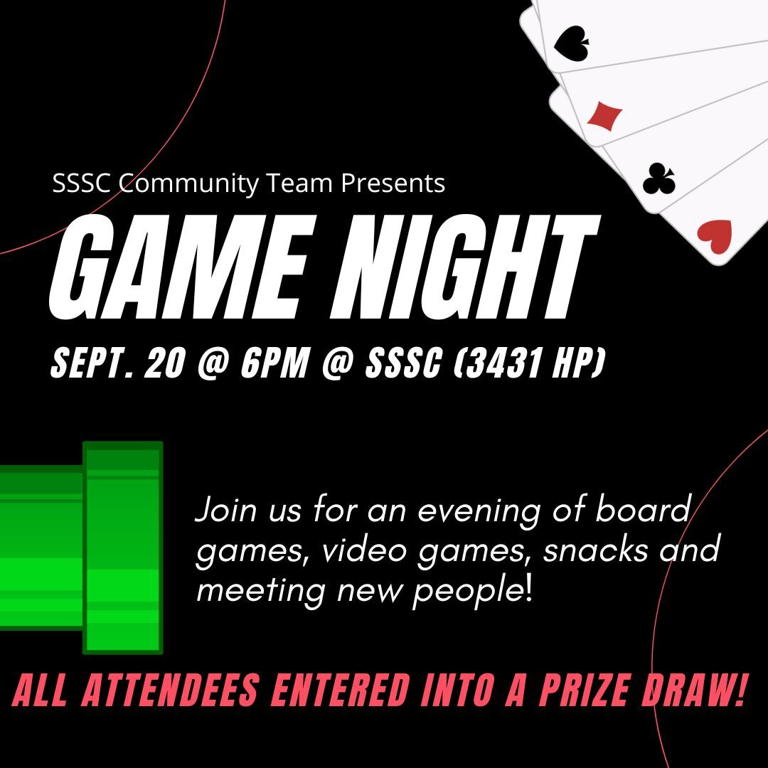 Poster with Text. Text reads: SSSC Community Team Presents Game Night Sept. 20 @ 6PM @ SSSC (3431 HP). Join us for an evening of board games,video games, snacks and meeting new people. All attendees entered into a prize draw!