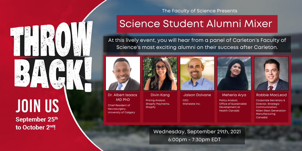 Poster for Science Student Alumni Mixer. Shows pictures of panelists: Dr. Albert Isaacs, MD PhD, Divin Kang, Jaison Dolvane, Meheria Arya, Robbie MacLead